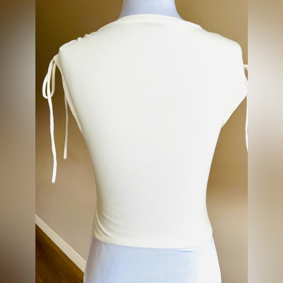 Zara Boho Blouse Off-White Keyhole Top Bohemian Shirt Ruched Shoulder Top Sz S - Picture 3 of 10